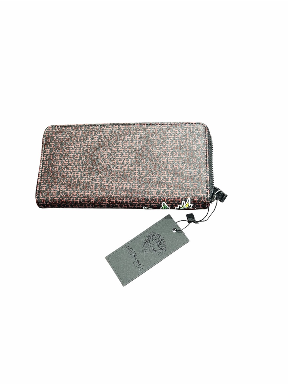 Ed Hardy Brown Zip Wristlet with Multicolor Skull & Heart Graphics - Picture 3 of 4